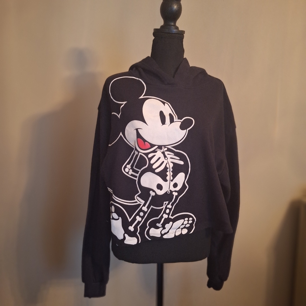 Disney Mickey Mouse Cropped Halloween Skeleton Hoodie Black Large